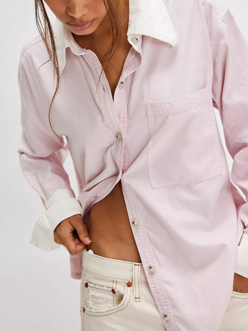 Contrast Cuff Oversized Button Down Shirt - Pink - 1