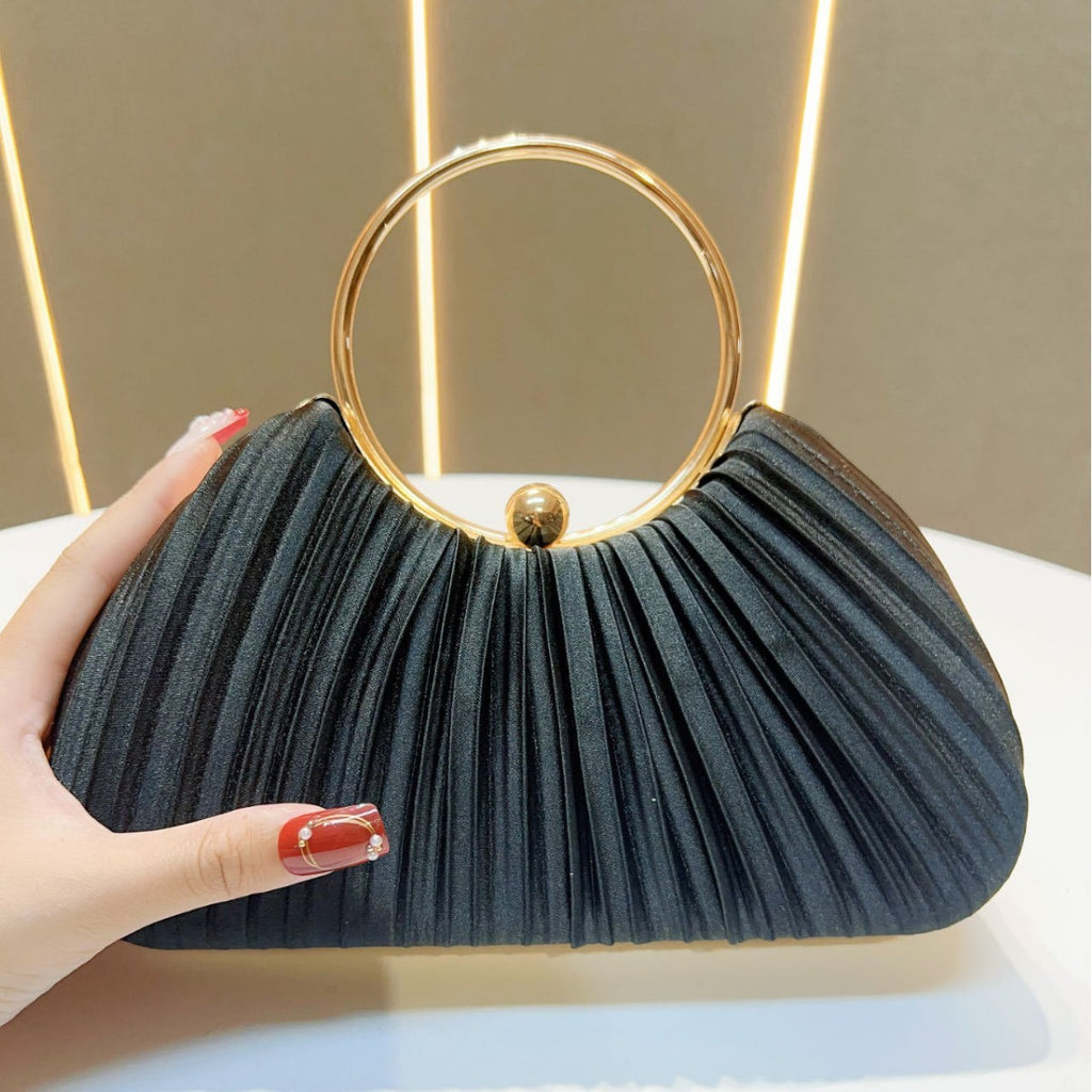Pleated Satin Ring Handle Evening Bag - Black