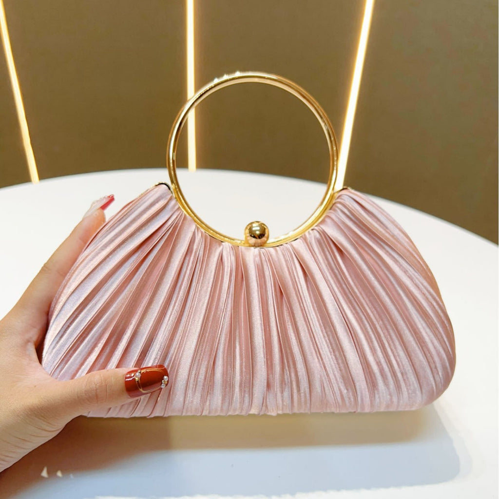 Pleated Satin Ring Handle Evening Bag - Blush Pink