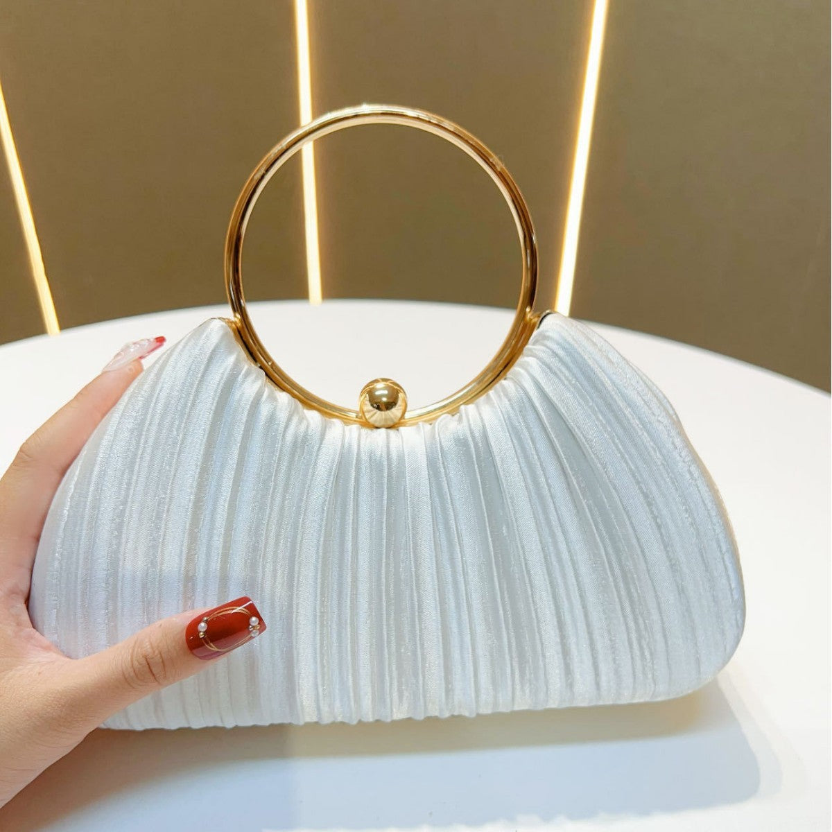 Pleated Satin Ring Handle Evening Bag - White