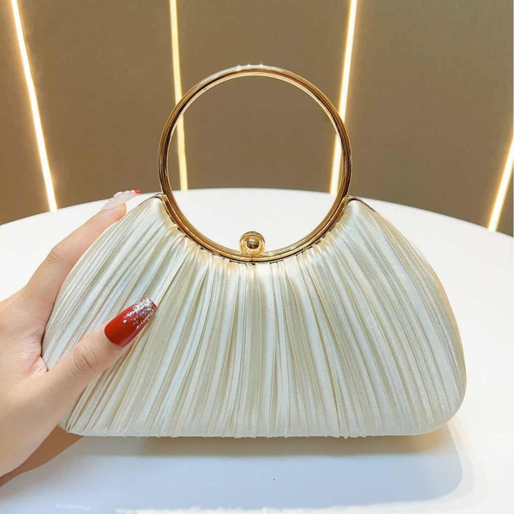Pleated Satin Ring Handle Evening Bag