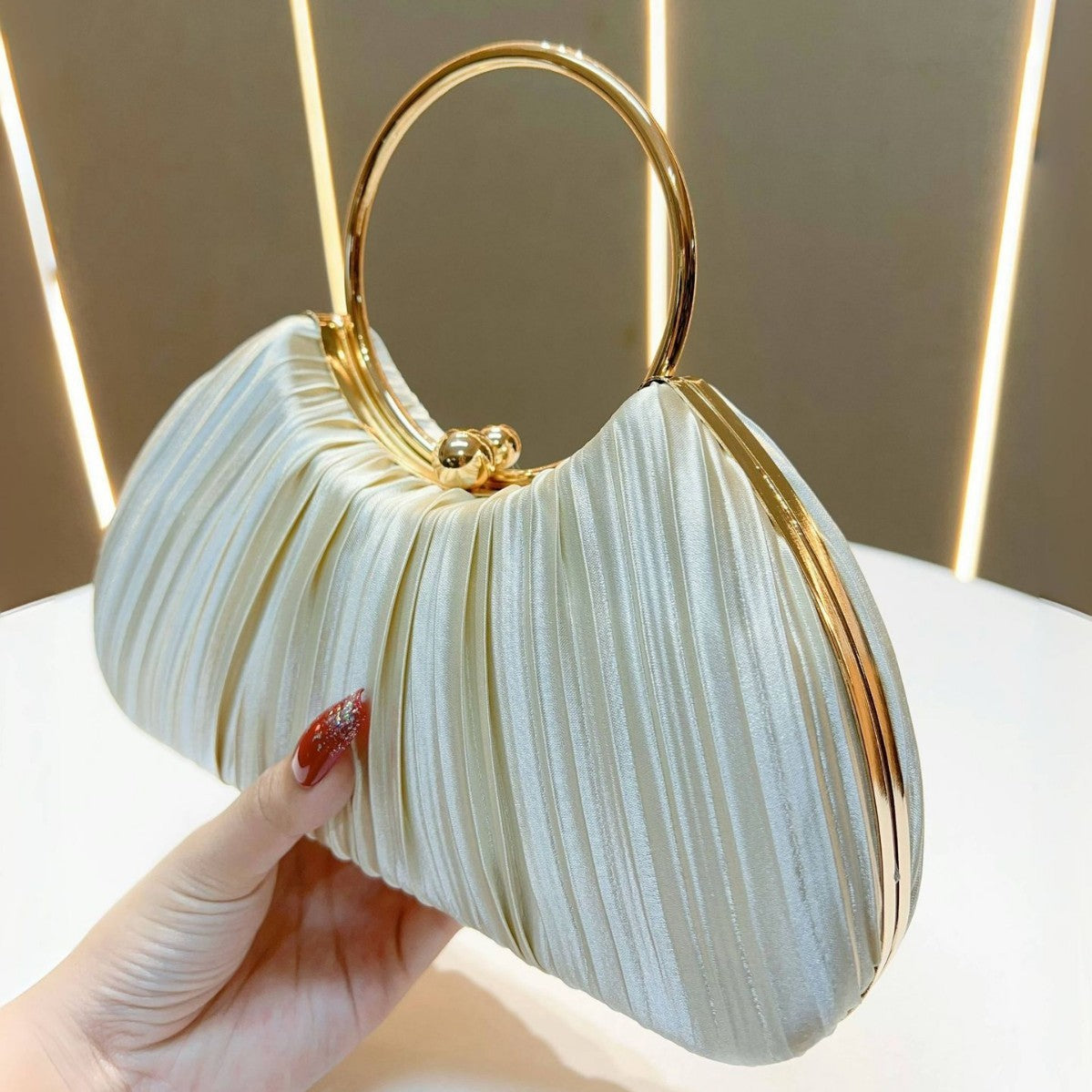 Pleated Satin Ring Handle Evening Bag