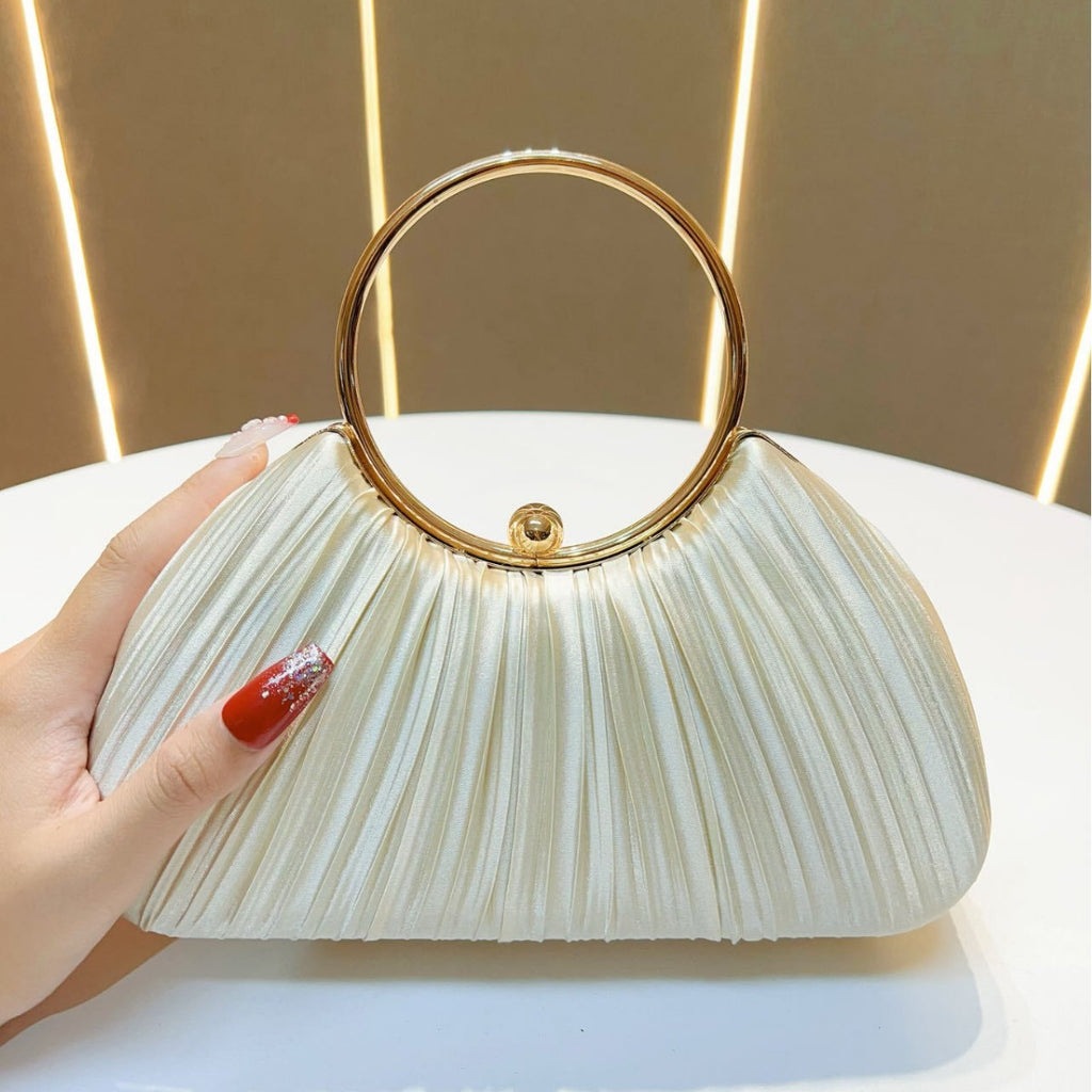 Pleated Satin Ring Handle Evening Bag