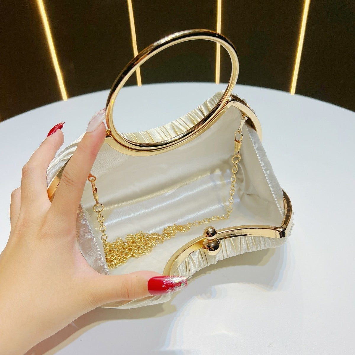 Pleated Satin Ring Handle Evening Bag