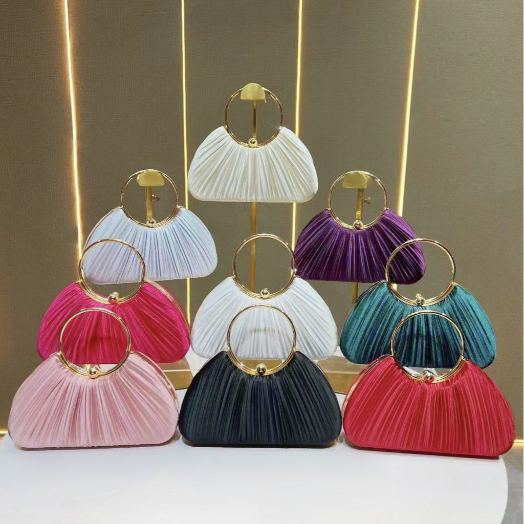 Pleated Satin Ring Handle Evening Bag