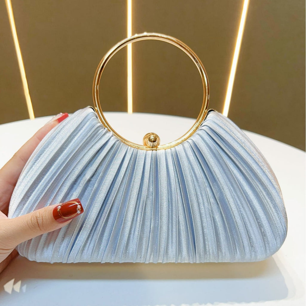 Pleated Satin Ring Handle Evening Bag