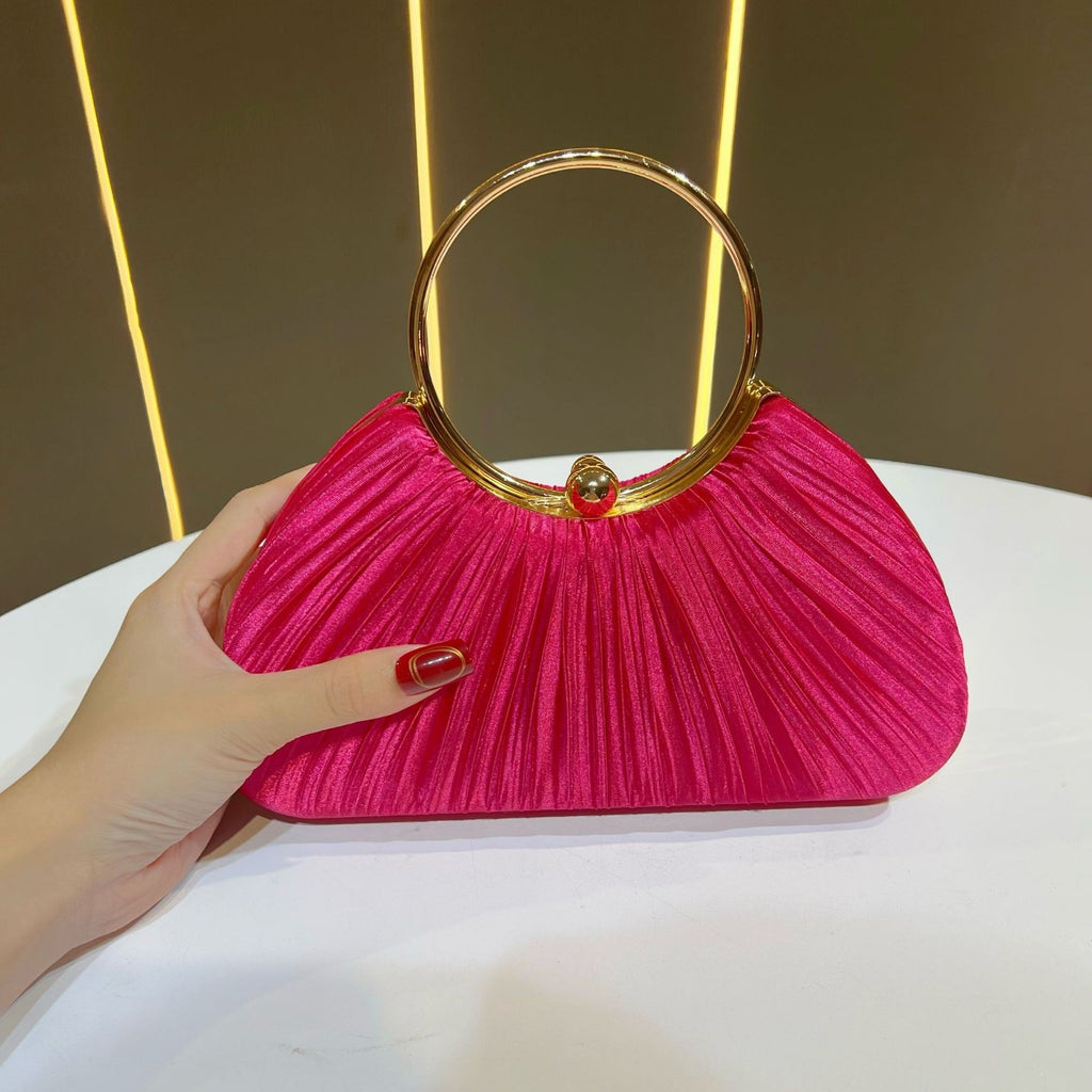 Pleated Satin Ring Handle Evening Bag