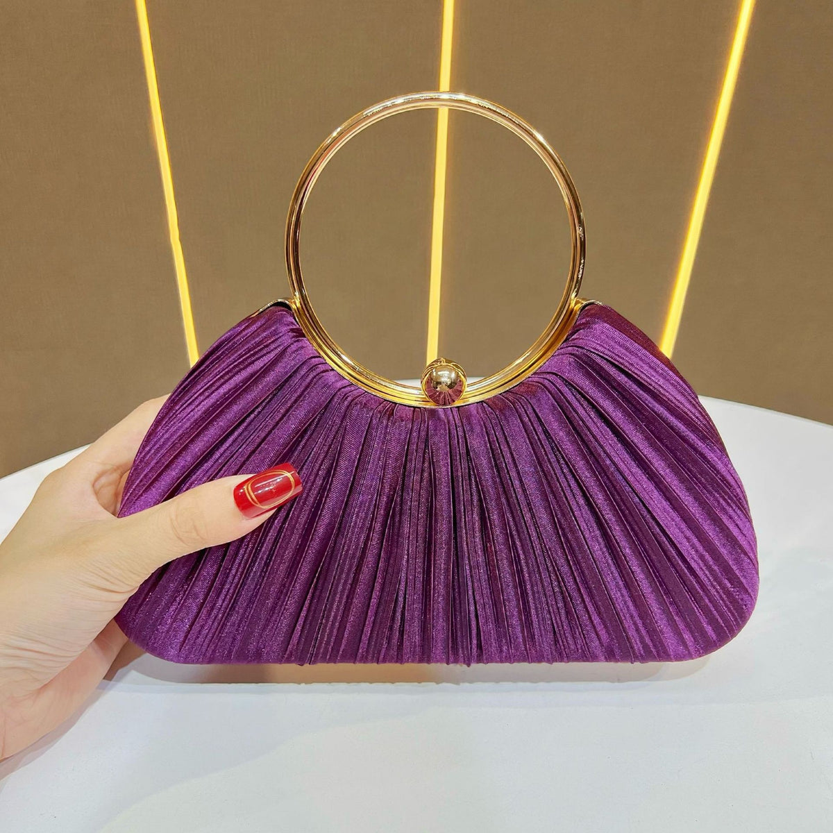 Pleated Satin Ring Handle Evening Bag