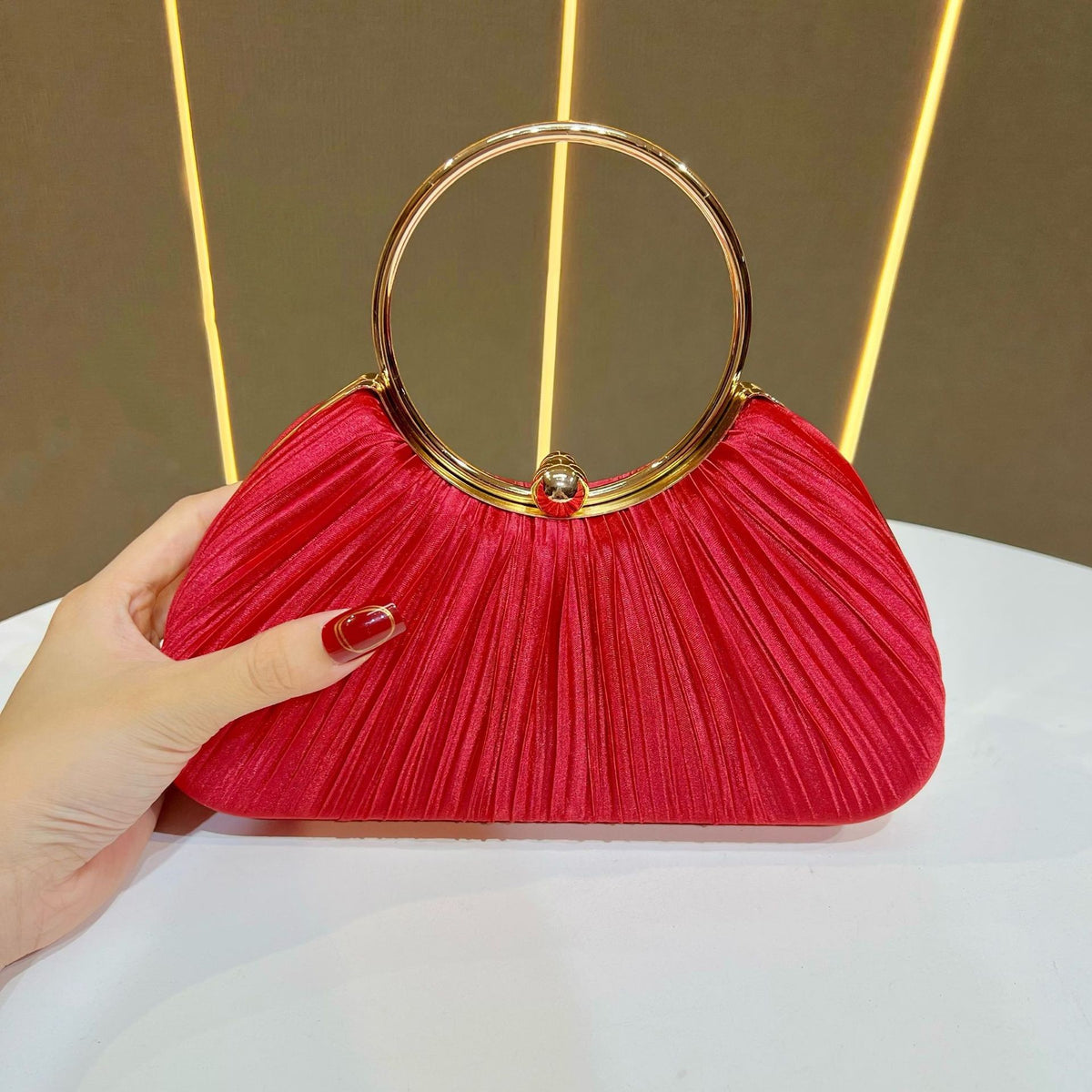 Pleated Satin Ring Handle Evening Bag