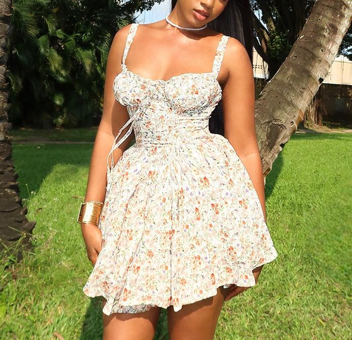 Ditsy Floral Corset Bodice Skater Mini Dress - Floral - 1