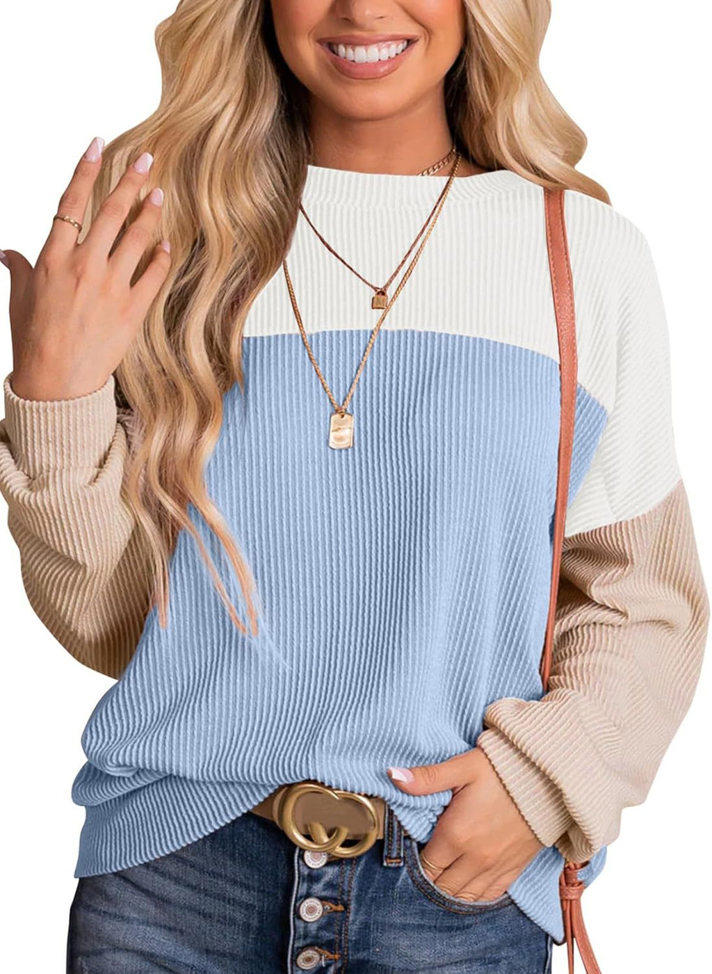Color Block Waffle Rib Crewneck Top - Blue