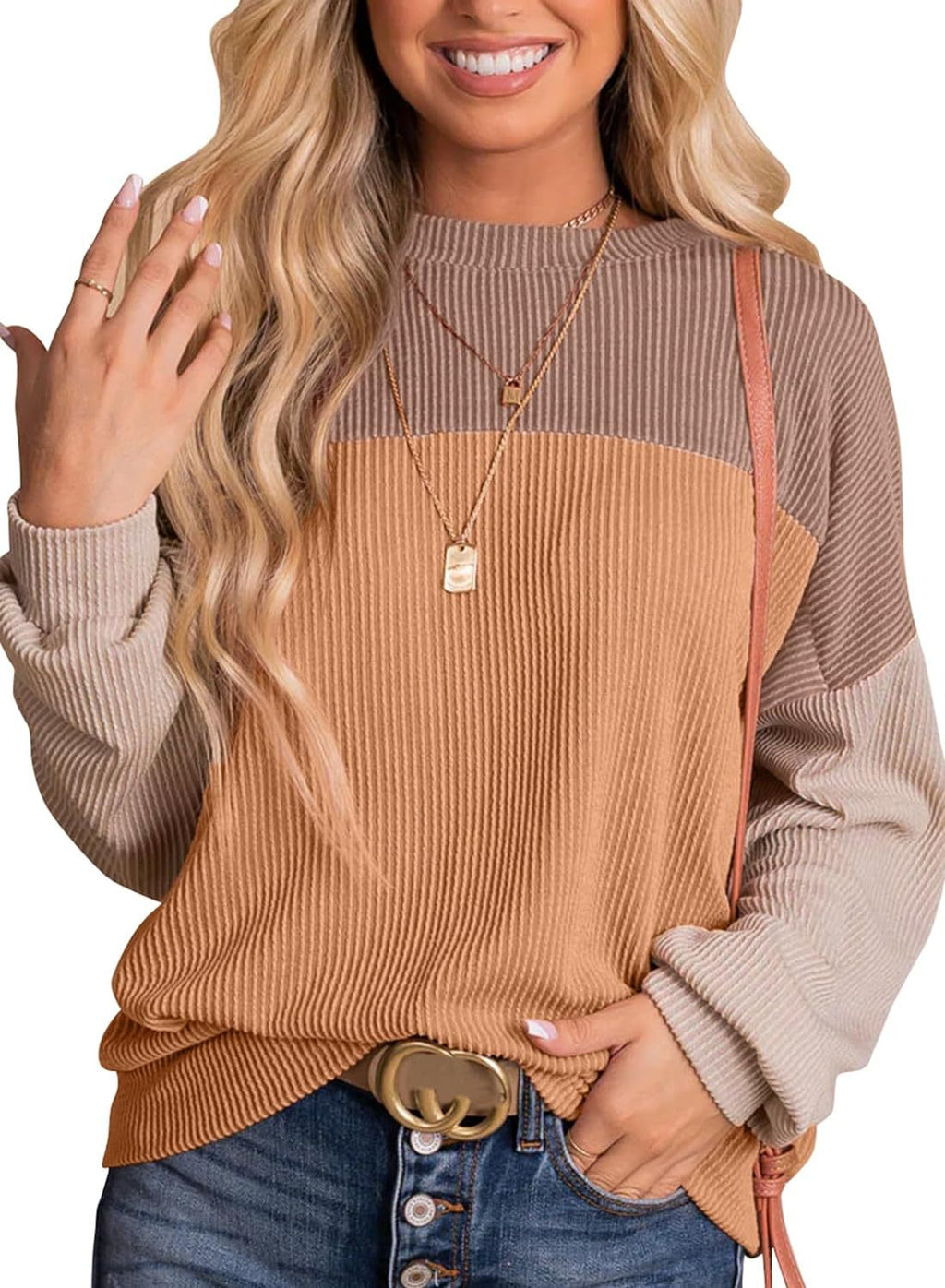 Color Block Waffle Rib Crewneck Top - Brown