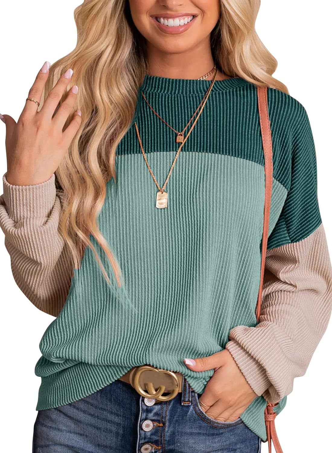 Color Block Waffle Rib Crewneck Top - Green