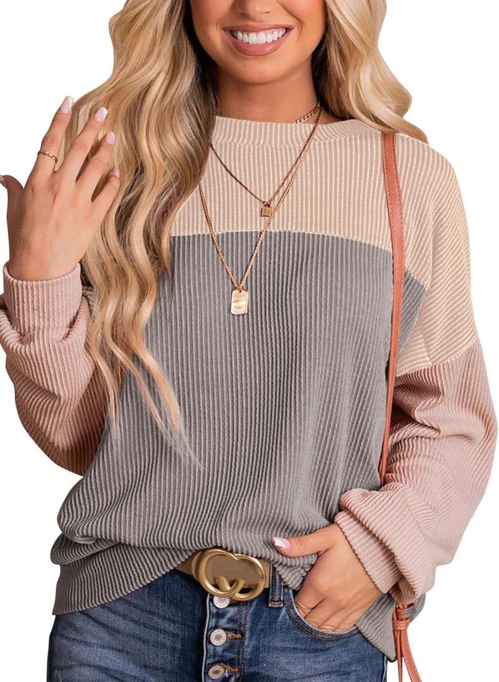 Color Block Waffle Rib Crewneck Top - Grey