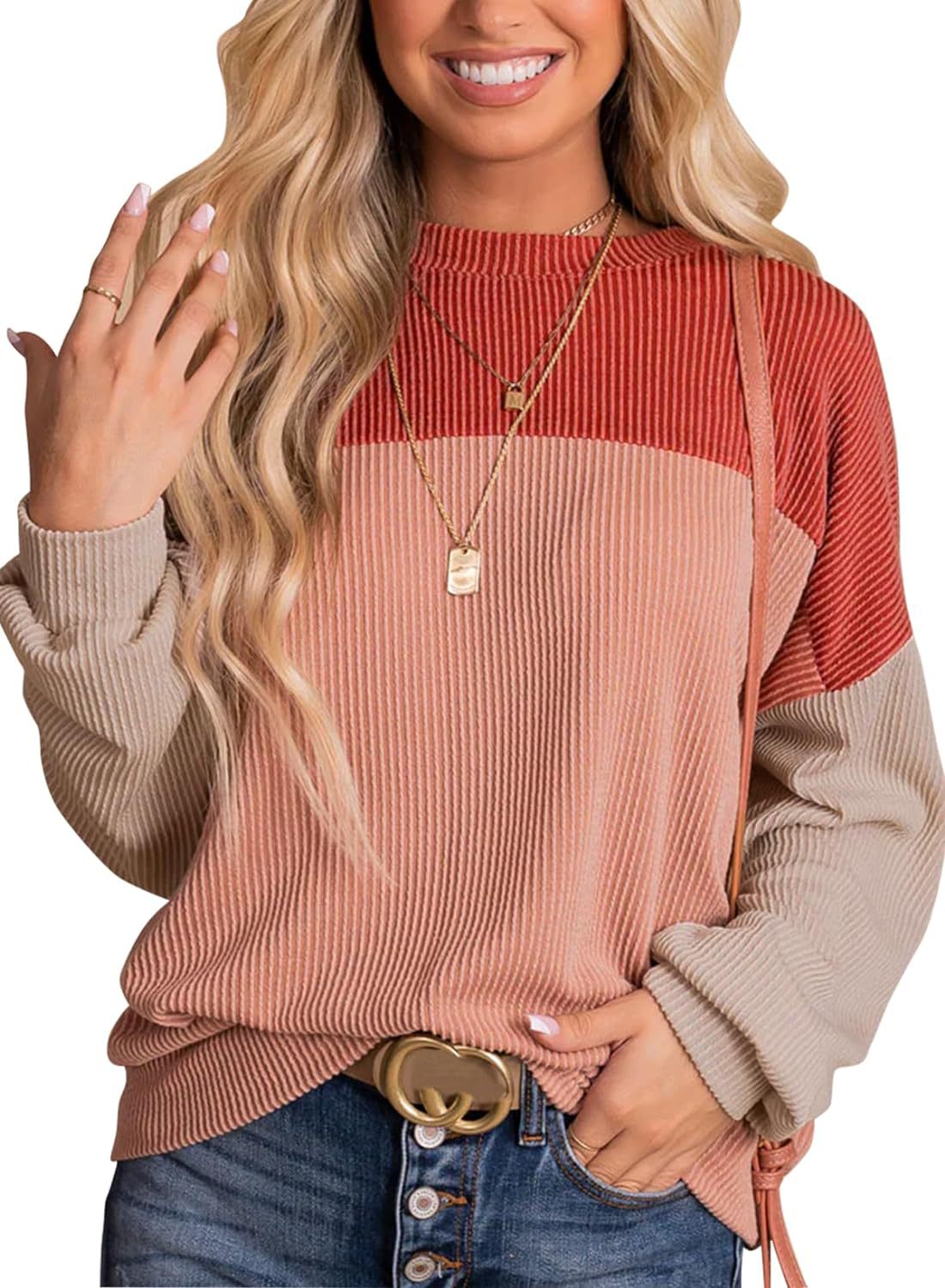 Color Block Waffle Rib Crewneck Top - Red