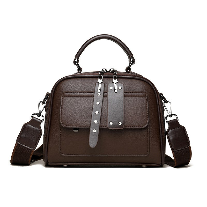 Vintage Double Zip Satchel with Wide Strap - Coffee