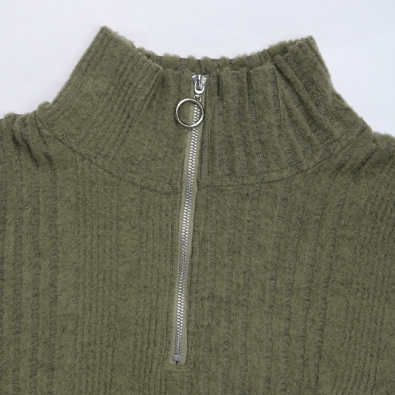 Ribbed Knit Quarter Zip Belted Mini Dress - Green - 6