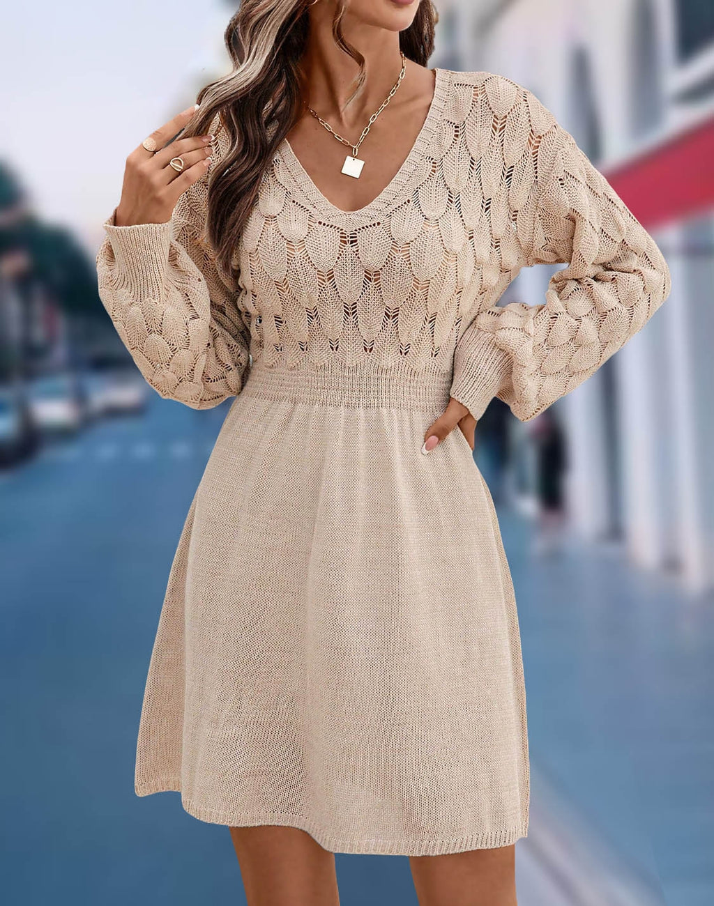 Pointelle Knit V-Neck Balloon Sleeve Mini Dress - Apricot