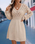Pointelle Knit V-Neck Balloon Sleeve Mini Dress - Apricot