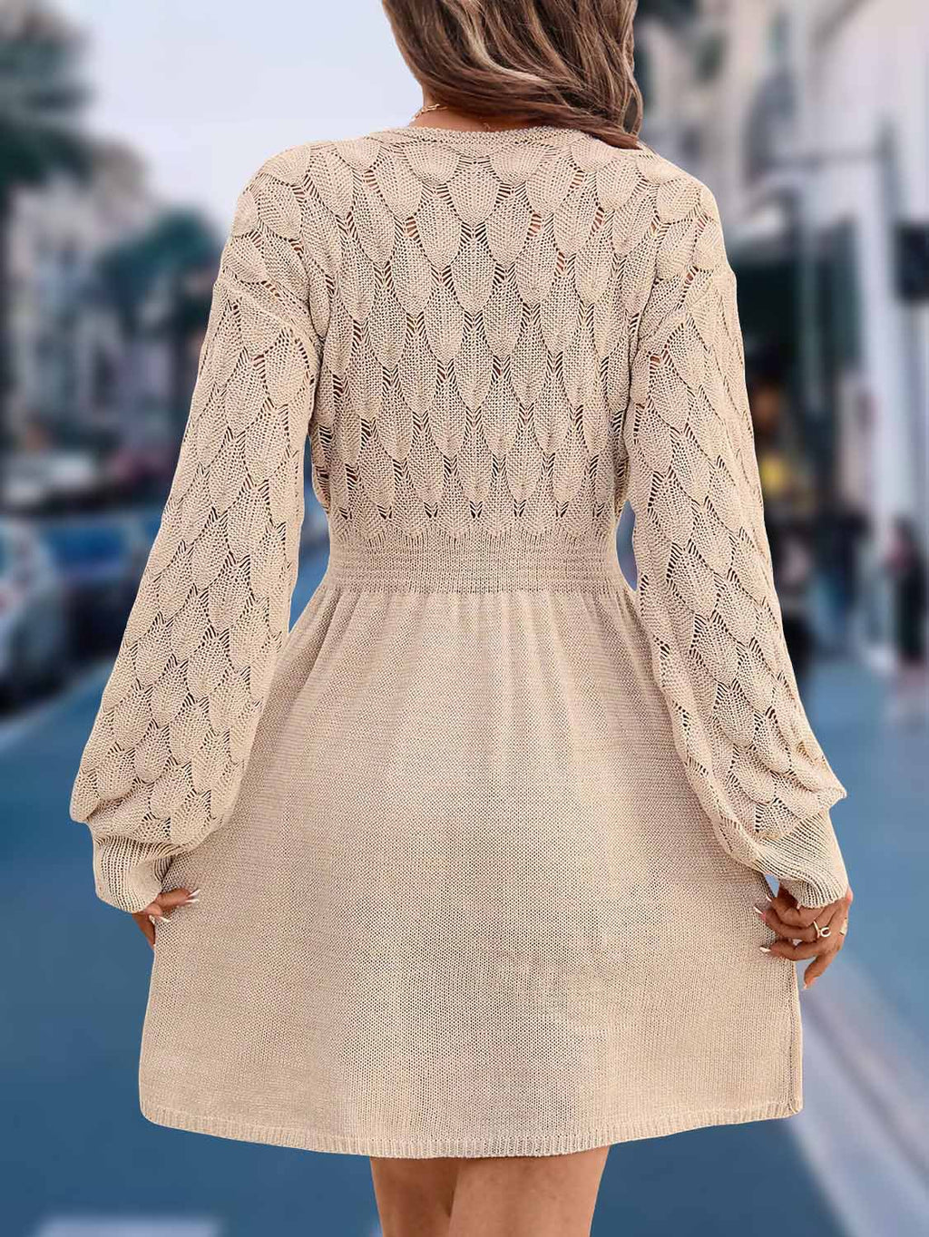 Pointelle Knit V-Neck Balloon Sleeve Mini Dress - Apricot - 2