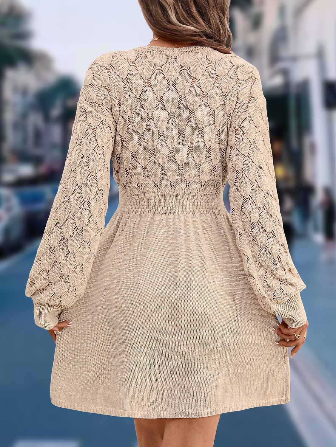 Pointelle Knit V-Neck Balloon Sleeve Mini Dress - Apricot - 2