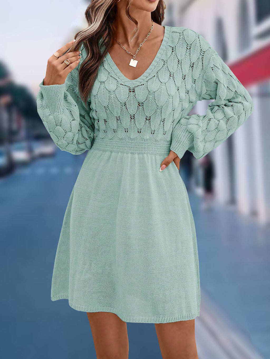 Pointelle Knit V-Neck Balloon Sleeve Mini Dress - Green
