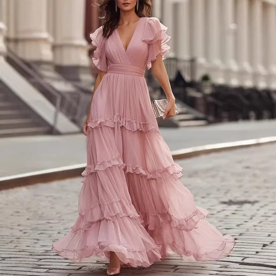 Dusty Pink Tiered Ruffle Flutter Sleeve Maxi Dress