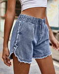 Slouchy Frayed Curved Hem Denim Shorts - Blue