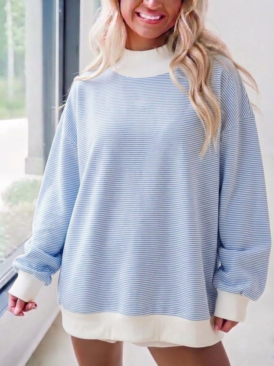 Blue Micro Stripe Cotton Blend Oversized Sweatshirt - Blue