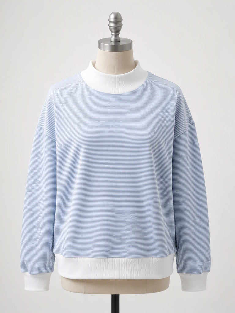 Blue Micro Stripe Cotton Blend Oversized Sweatshirt - Blue - 3