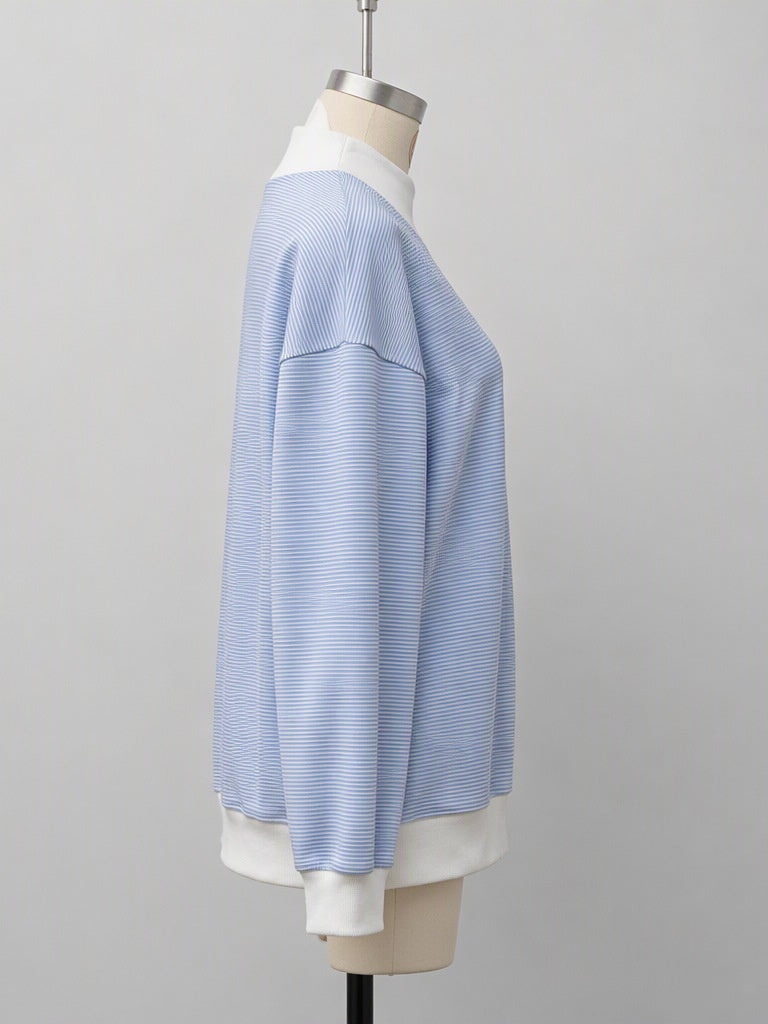 Blue Micro Stripe Cotton Blend Oversized Sweatshirt - Blue - 4