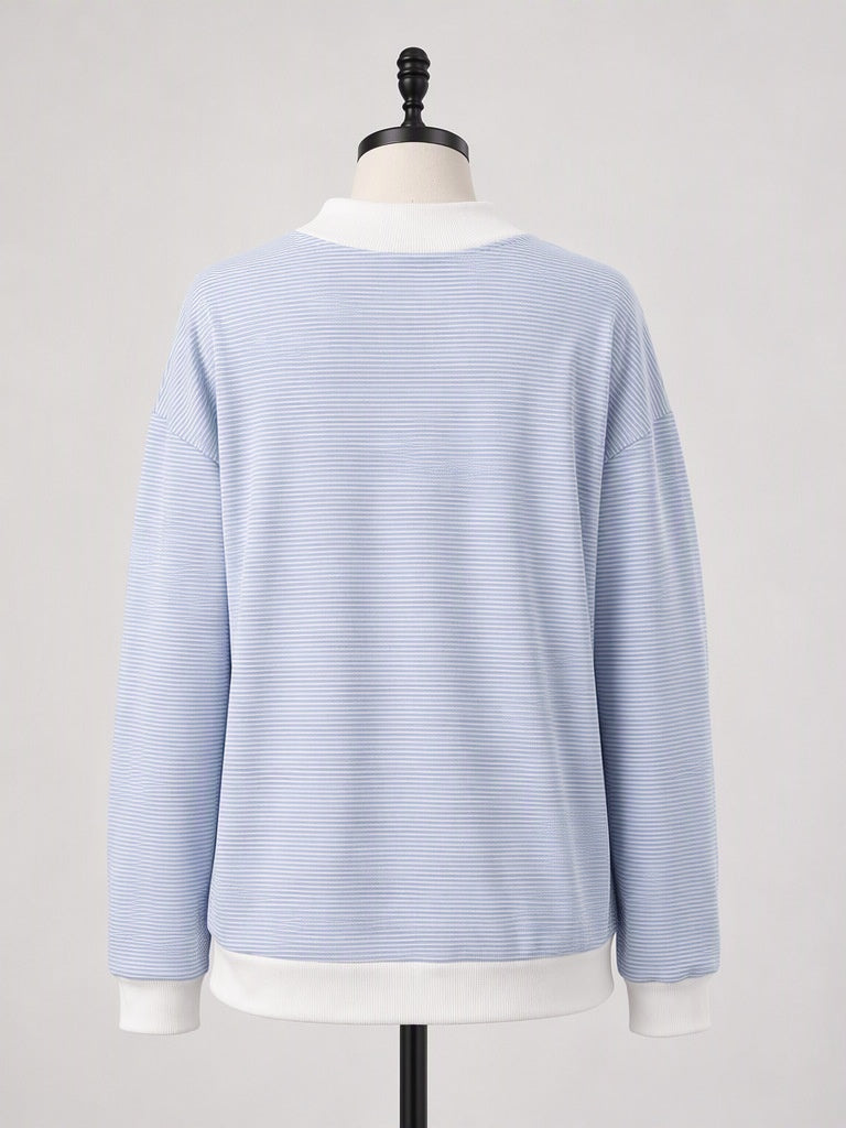 Blue Micro Stripe Cotton Blend Oversized Sweatshirt - Blue - 5