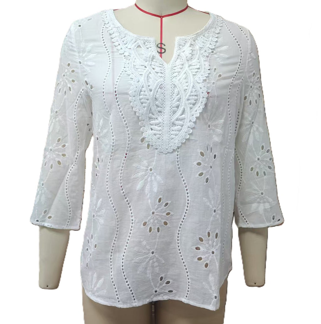 Eyelet Embroidered Bell Sleeve Blouse - White
