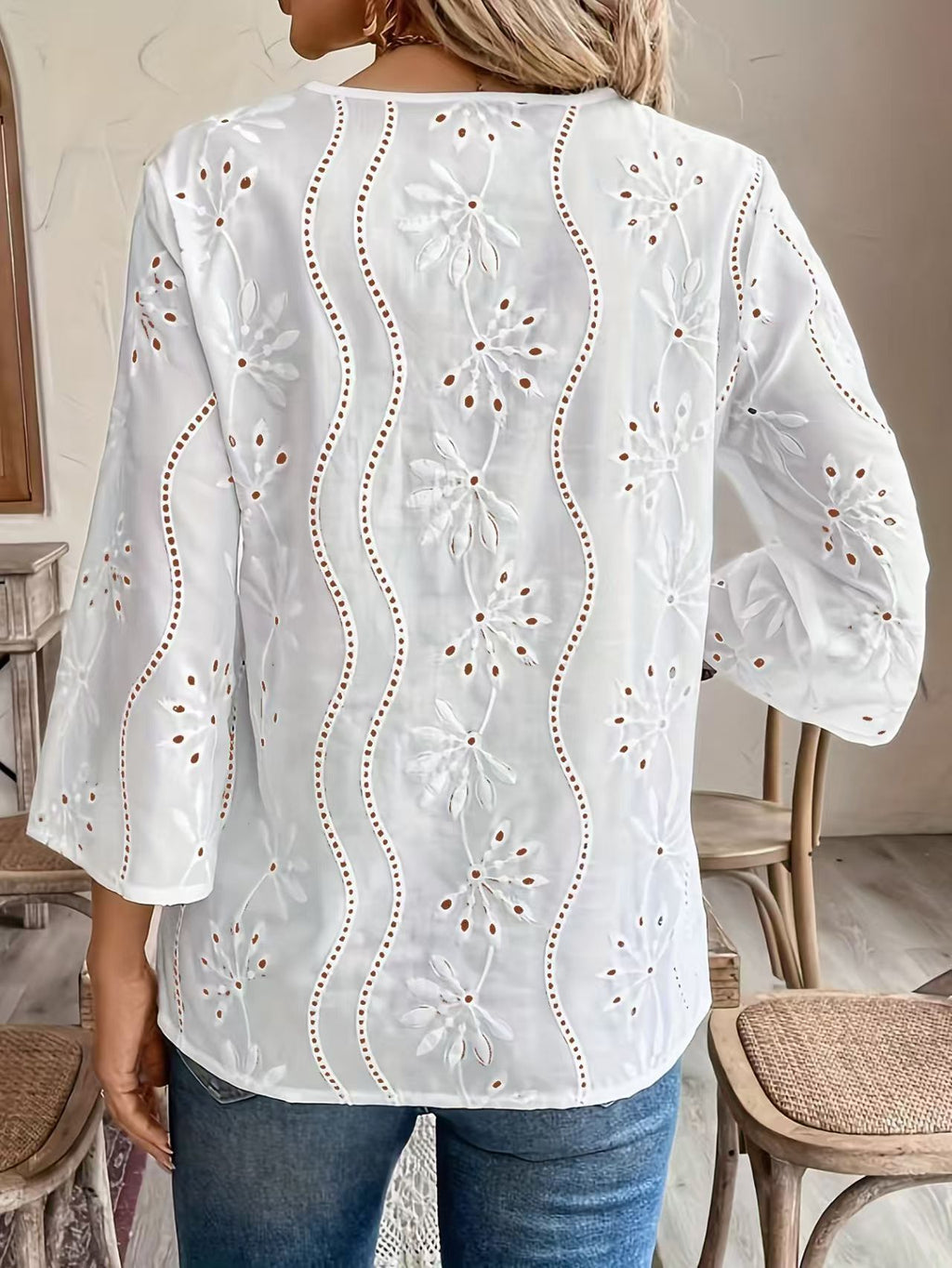 Eyelet Embroidered Bell Sleeve Blouse - White - 2