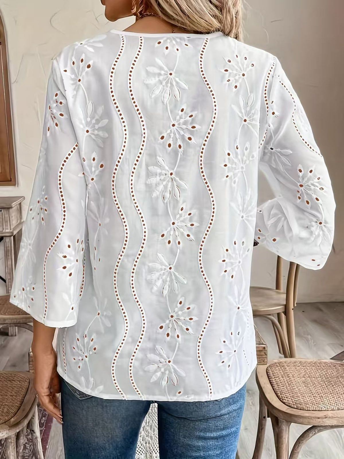 Eyelet Embroidered Bell Sleeve Blouse - White - 2