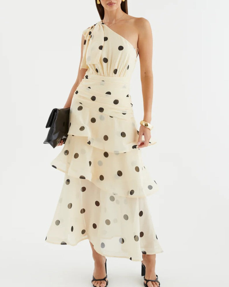 One Shoulder Tiered Polka Dot Midi Dress - Apricot