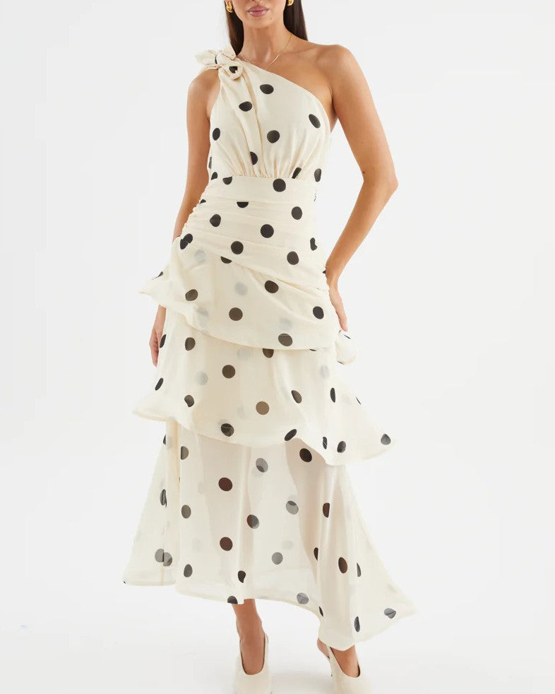 One Shoulder Tiered Polka Dot Midi Dress - Apricot - 1