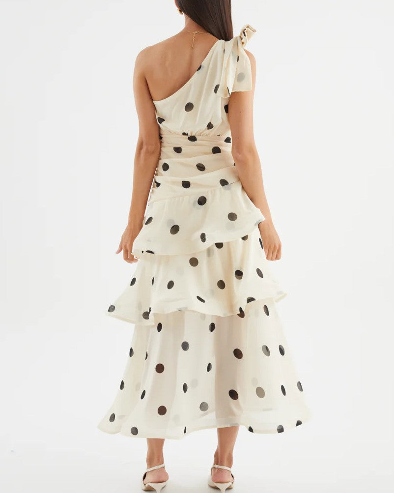 One Shoulder Tiered Polka Dot Midi Dress - Apricot - 2