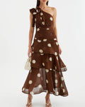 One Shoulder Tiered Polka Dot Midi Dress - Coffee