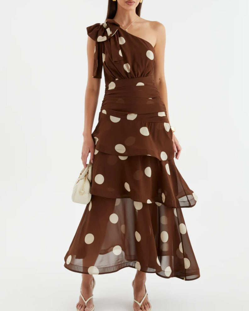 One Shoulder Tiered Polka Dot Midi Dress - Coffee