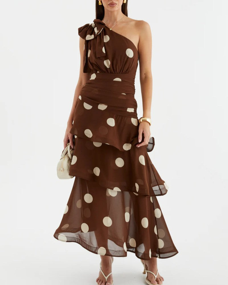 One Shoulder Tiered Polka Dot Midi Dress - Coffee - 1