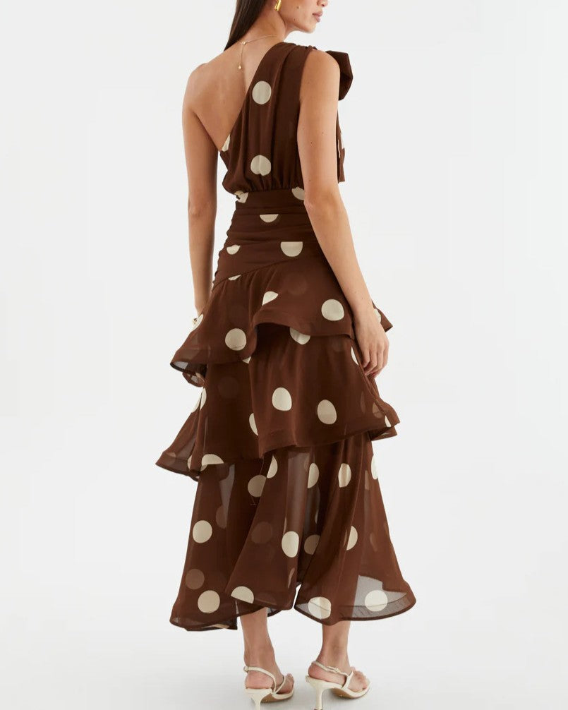 One Shoulder Tiered Polka Dot Midi Dress - Coffee - 2
