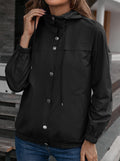 Hooded Snap-Front Windbreaker Jacket - Black