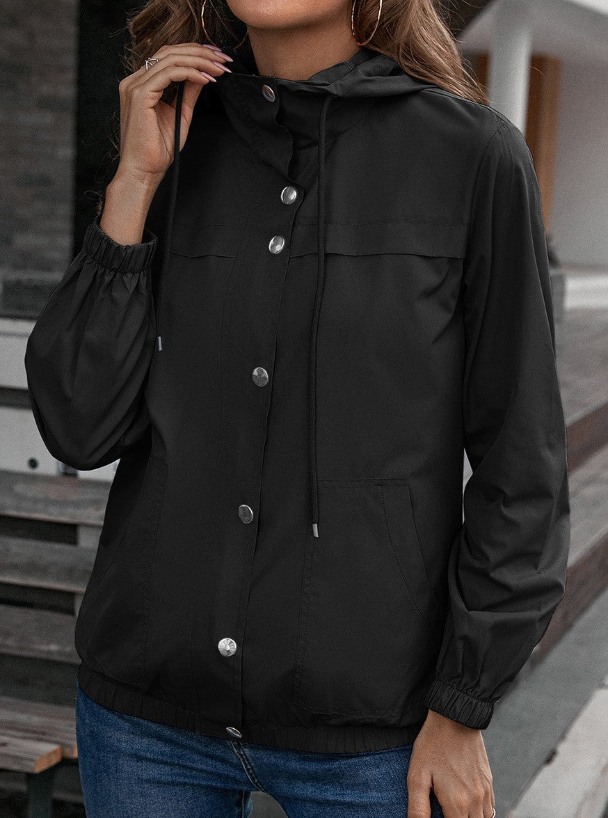 Hooded Snap-Front Windbreaker Jacket - Black