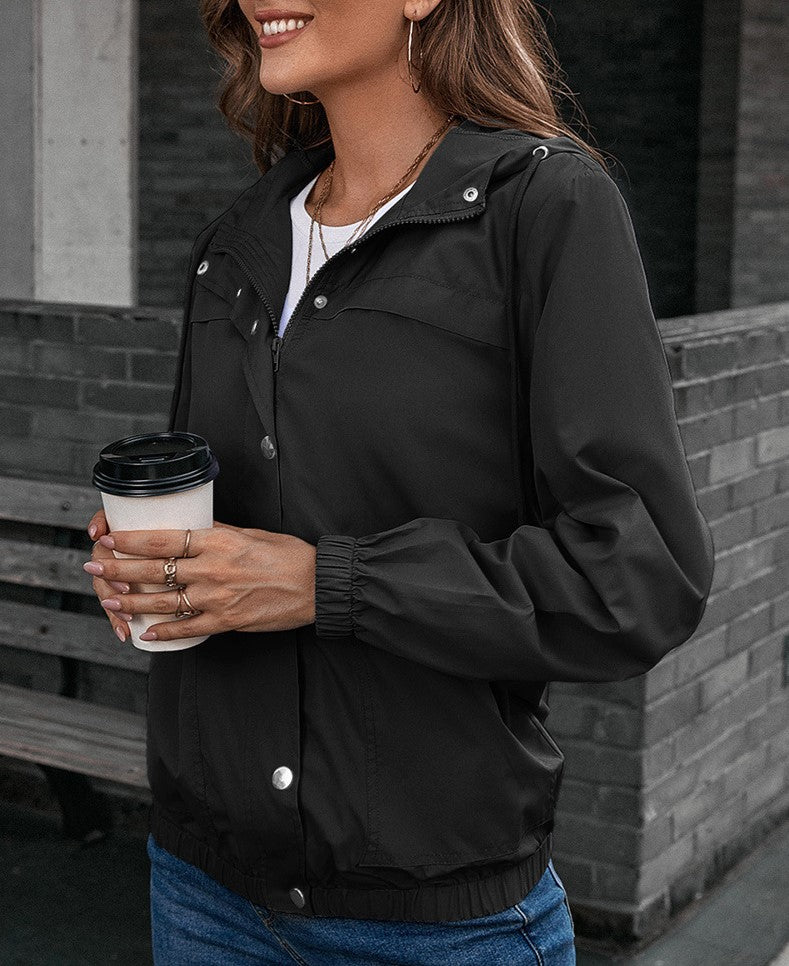 Hooded Snap-Front Windbreaker Jacket - Black - 2