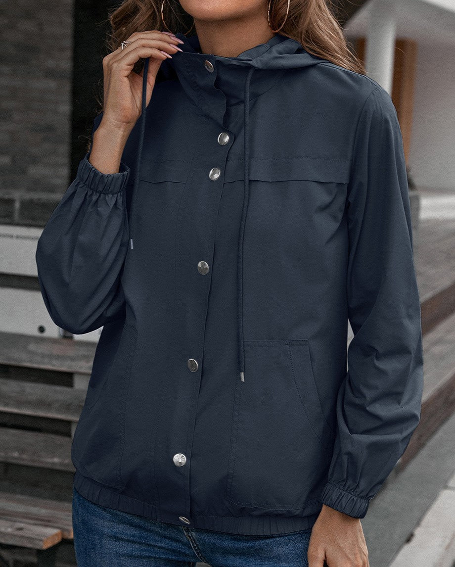 Hooded Snap-Front Windbreaker Jacket - Blue