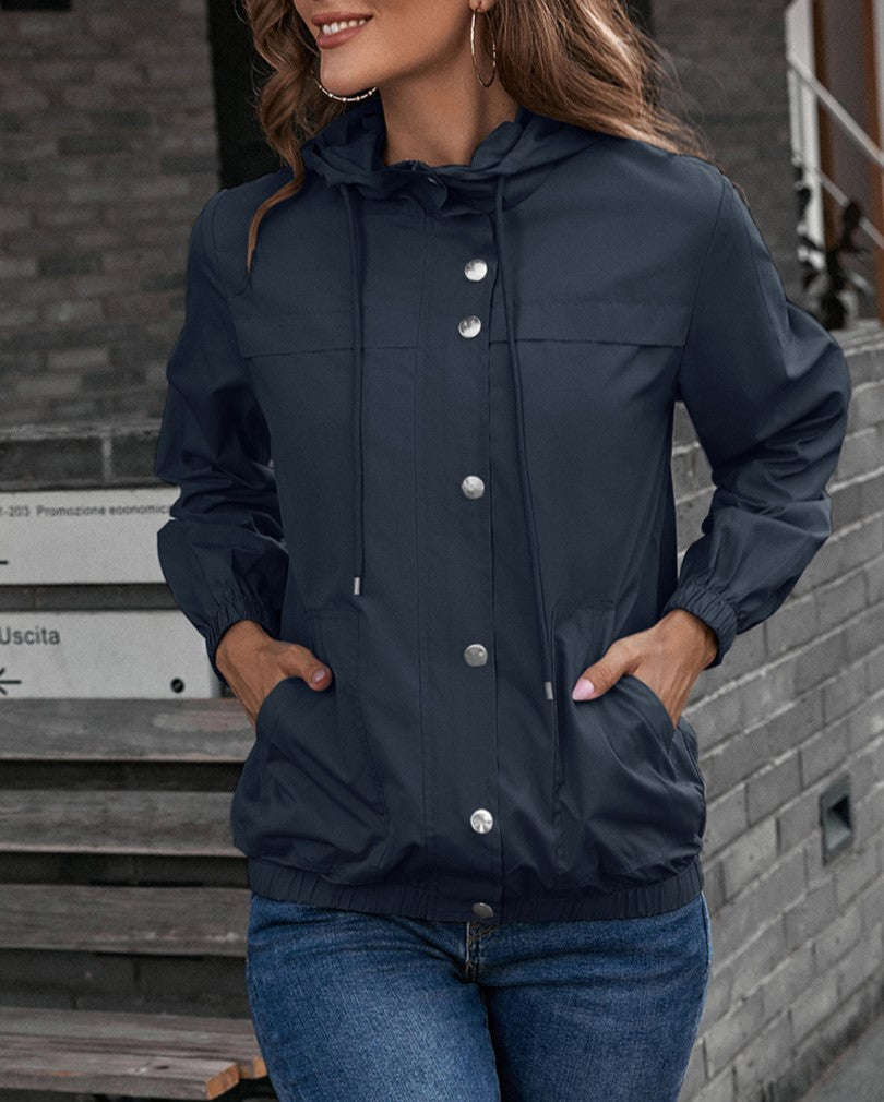 Hooded Snap-Front Windbreaker Jacket - Blue - 1