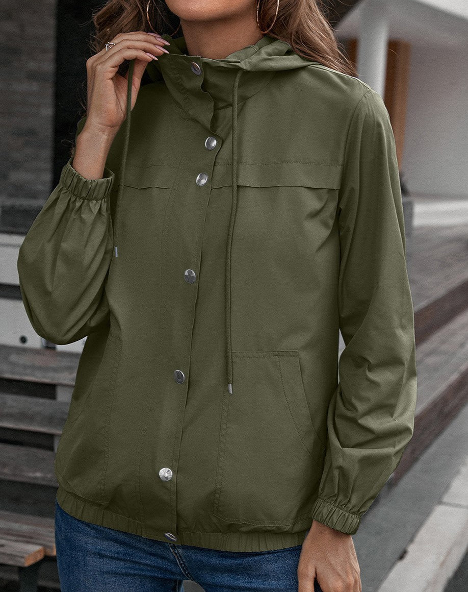 Hooded Snap-Front Windbreaker Jacket - Green