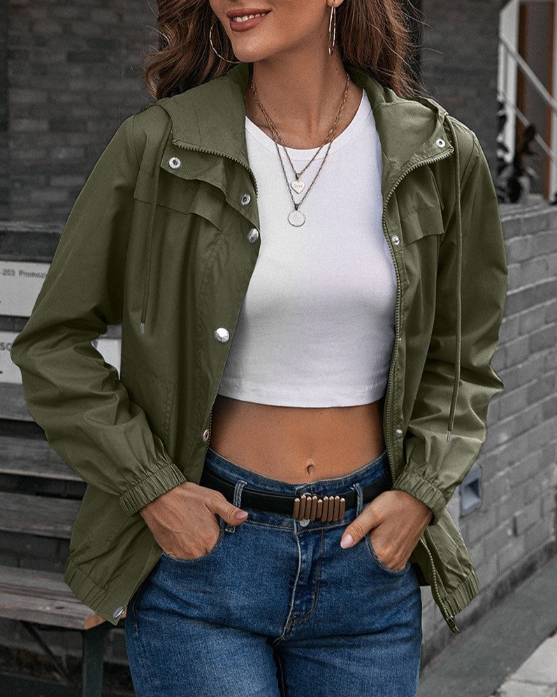 Hooded Snap-Front Windbreaker Jacket - Green - 1