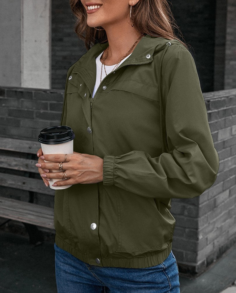 Hooded Snap-Front Windbreaker Jacket - Green - 2